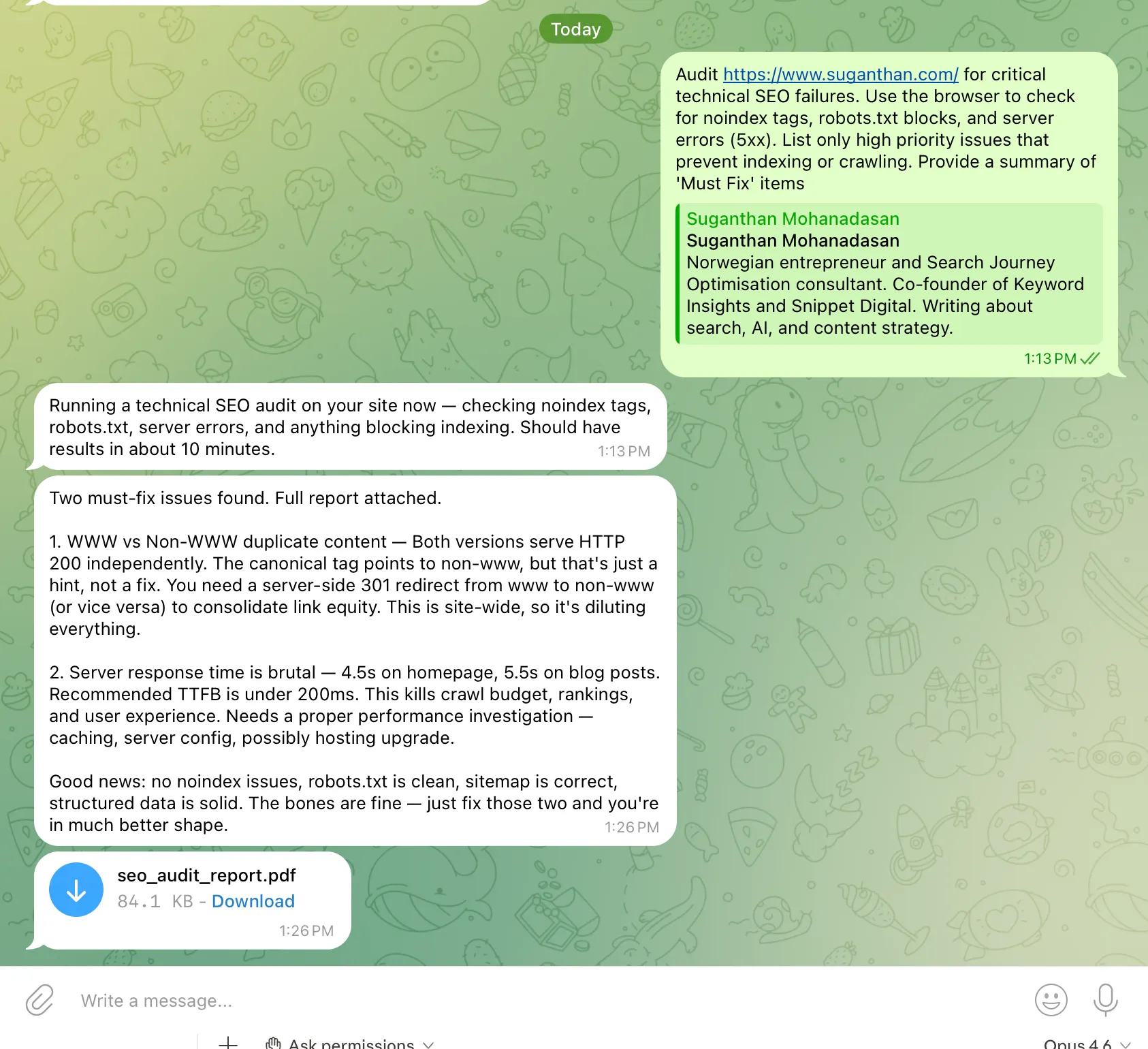 OpenClaw technical SEO monitoring showing automated site checks