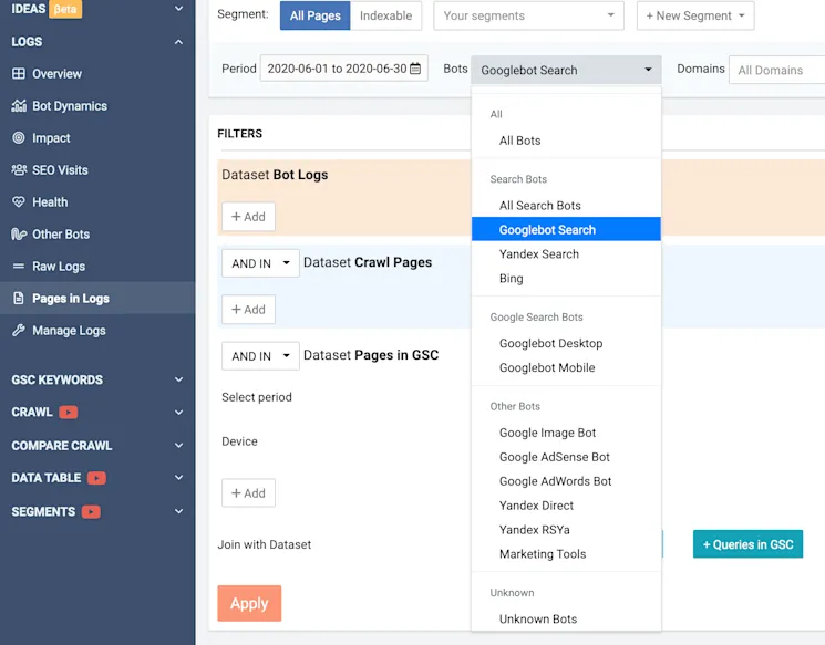 JetOctopus bot filtering feature