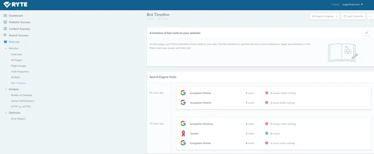 Ryte Botlogs interface