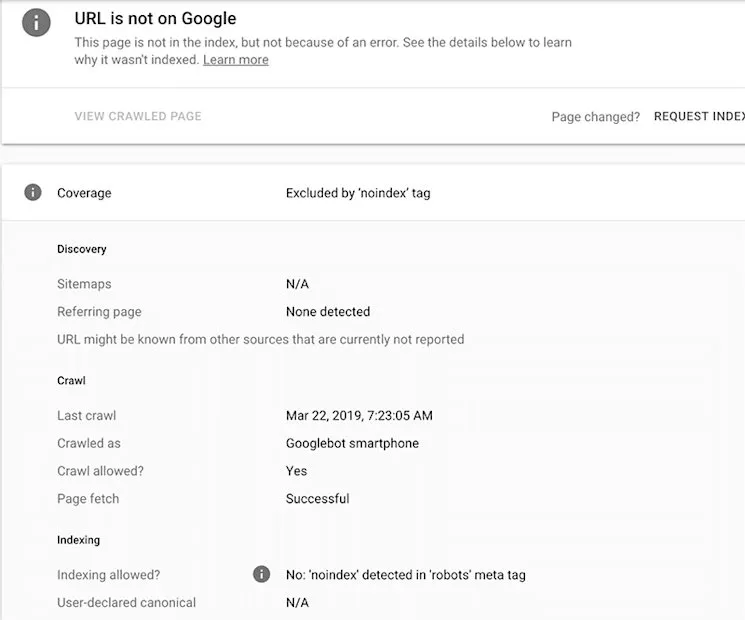 URL Inspection tool showing no-index