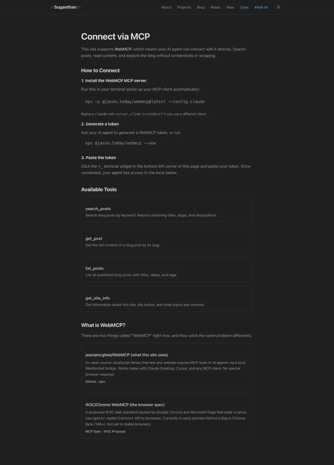 The full /mcp/ page on suganthan.com showing the connection steps, available tools, and explanation of WebMCP