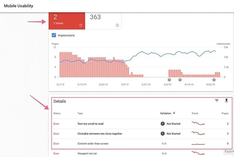 Mobile usability errors in Google Search Console