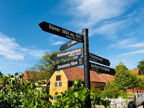 Directional signs at Den Gamle By in Aarhus